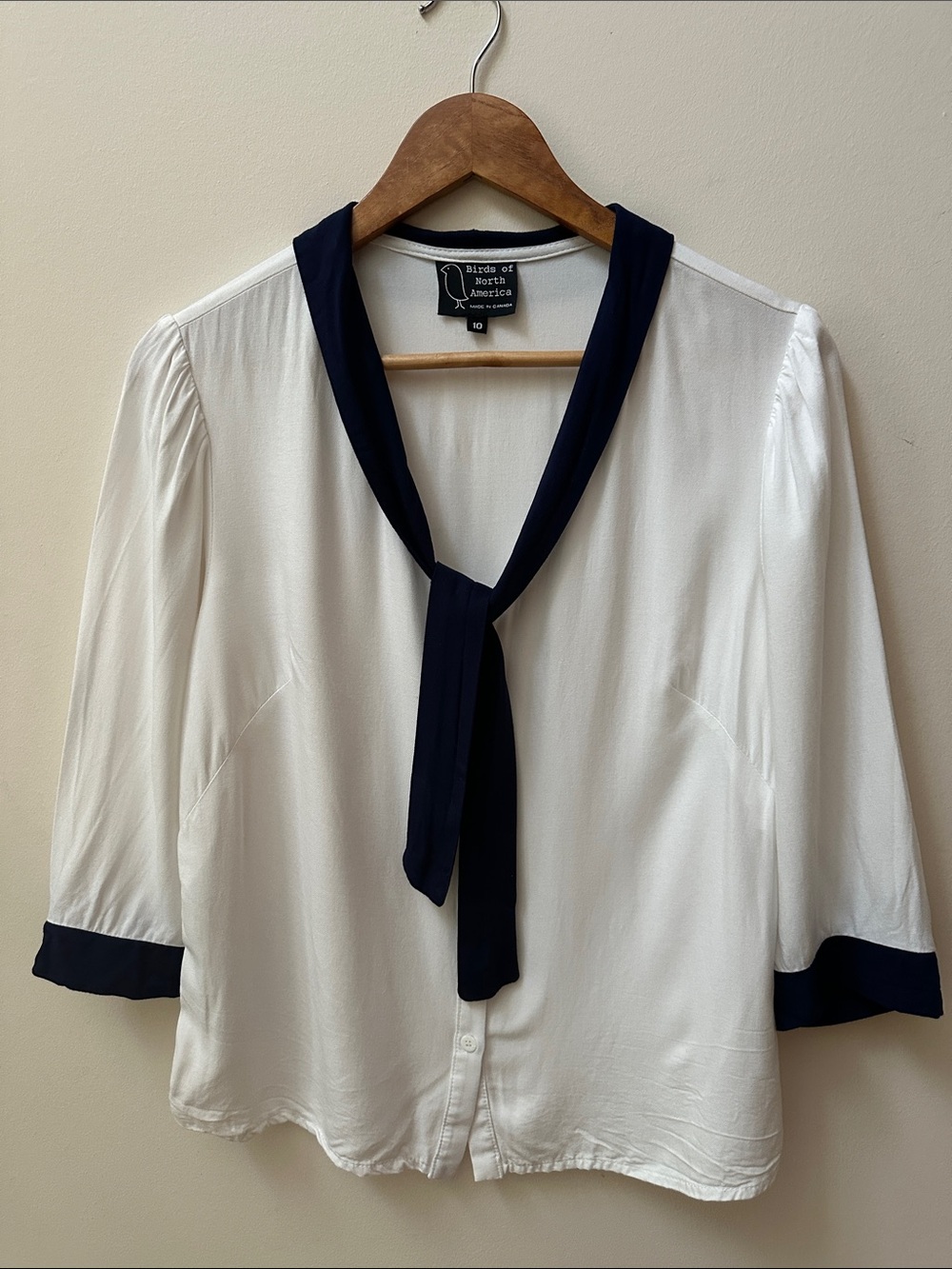 Birds of North America White Blouse with Navy Tie-Neck